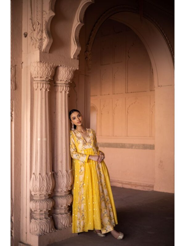 Label Anushree - Yellow embroidery yoke multipanel kurta with mul slip and printed pants