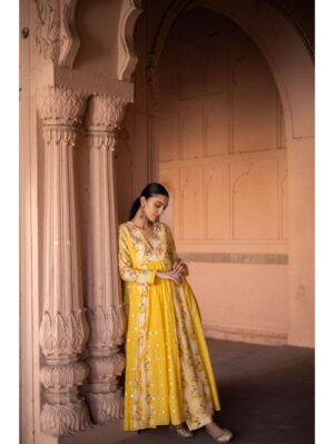 Label Anushree - Yellow embroidery yoke multipanel kurta with mul slip and printed pants - Image 2