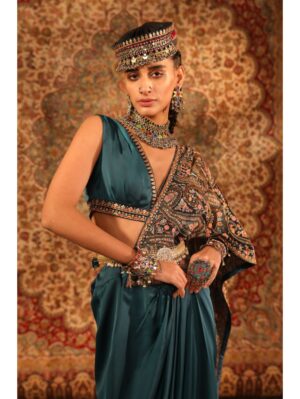 Aditi Gupta - Teal jamawaar blouse with draped skirt - Image 2