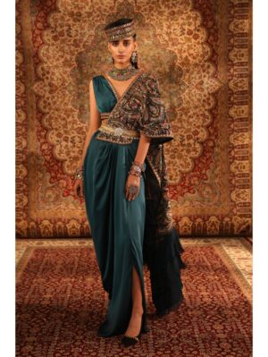Aditi Gupta - Teal jamawaar blouse with draped skirt - Image 4
