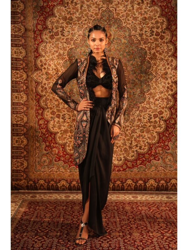 Aditi Gupta - Black jamawaar jacket with fur, knotted blouse, draped skirt