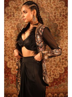 Aditi Gupta - Black jamawaar jacket with fur, knotted blouse, draped skirt - Image 5