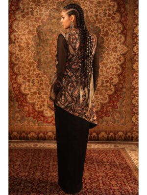Aditi Gupta - Black jamawaar jacket with fur, knotted blouse, draped skirt - Image 3