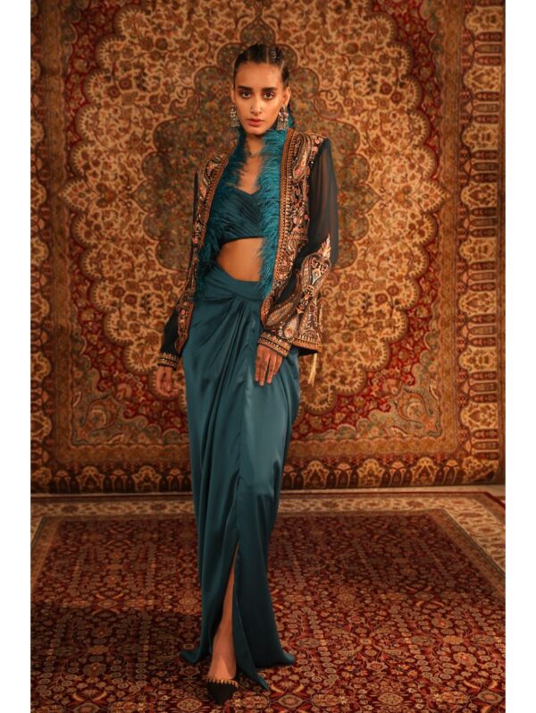 Aditi Gupta - Teal jamawaar jacket with fur, blouse, draped skirt
