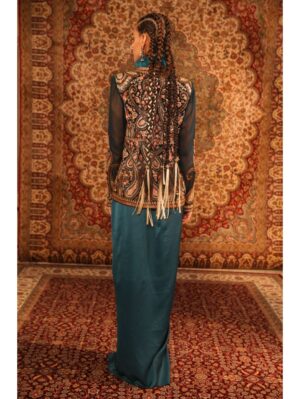 Aditi Gupta - Teal jamawaar jacket with fur, blouse, draped skirt - Image 3