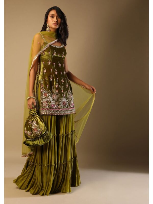 Kalki - Moss Green Sharara Suit In Velvet With Multi Colored Hand Embroidery In Floral Motifs