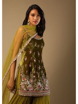 Kalki - Moss Green Sharara Suit In Velvet With Multi Colored Hand Embroidery In Floral Motifs - Image 2