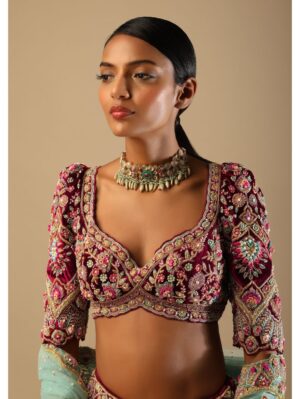 Kalki - Persian Red Lehenga Puff Sleeves Choli With Multi Colored Hand Embroidered Floral Kali And Scalloped Border - Image 3