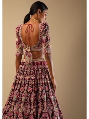 Kalki - Persian Red Lehenga Puff Sleeves Choli With Multi Colored Hand Embroidered Floral Kali And Scalloped Border - Image 4