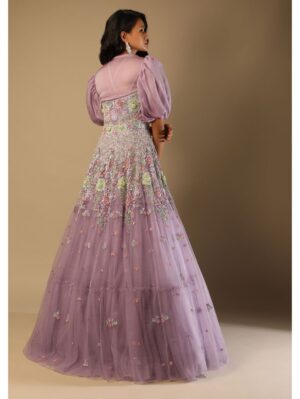 Kalki - Lilac Mauve Gown In Net With Multi Colored Beads Embroidered Floral Motifs And A Puff Sleeves Organza Shrug - Image 2