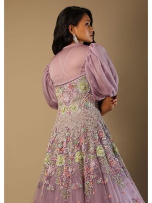 Kalki - Lilac Mauve Gown In Net With Multi Colored Beads Embroidered Floral Motifs And A Puff Sleeves Organza Shrug - Image 3
