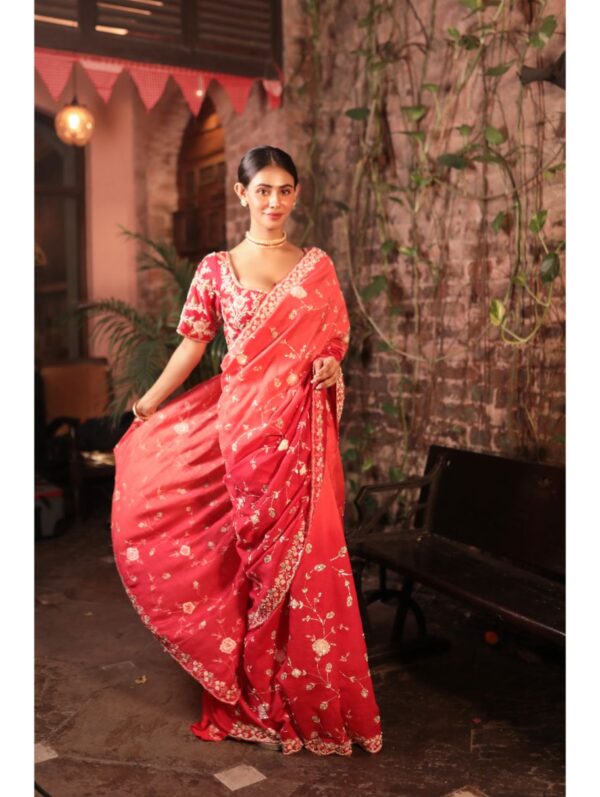 Kalighata - RED HEAVILY EMBROIDERD SAREE