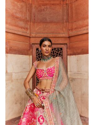 Aditi Gupta - Hot Pink Banarsi Chanderi Lehenga - Image 4
