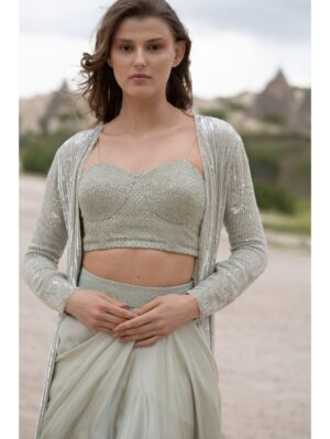 Couture By Niharika - MOTI WORK ON BLOUSE AND HEAVILY EMBROIDERED SEQUINS WORK ON JACKET AND  PURE SATIN SKIRT - Image 2