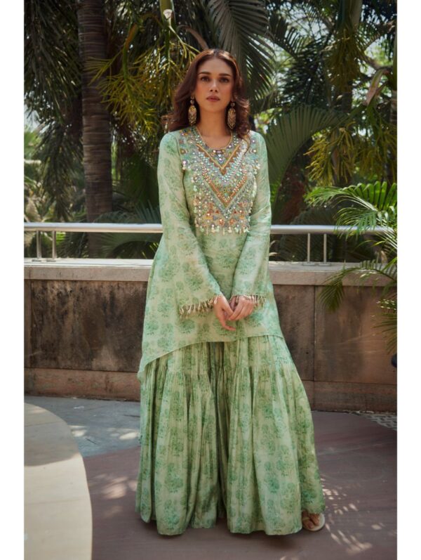 Label Anushree- Offwhite embroidery bustier with offwhite printed skirt with offwhite printed dupatta