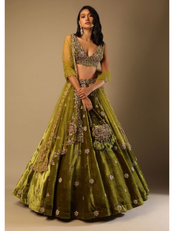 Kalki - Moss Green Lehenga Choli With Multi Colored Hand Embroidered Floral Buttis
