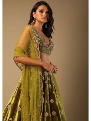 Kalki - Moss Green Lehenga Choli With Multi Colored Hand Embroidered Floral Buttis - Image 4
