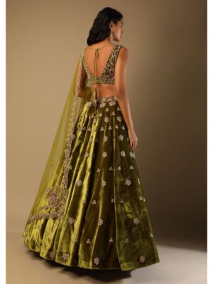 Kalki - Moss Green Lehenga Choli With Multi Colored Hand Embroidered Floral Buttis - Image 5