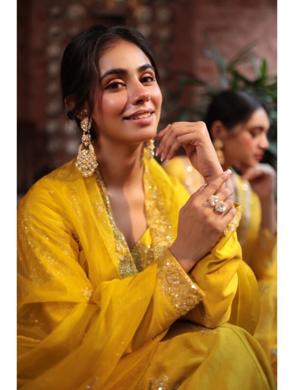 Kalighata - MUSTARD EMBROIDERD ANGRAKHA GOWN