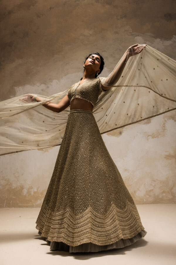 Couture By Niharika - GOLDEN SEQUINS AND BUGLE BEADS COMBINED LEHENGA