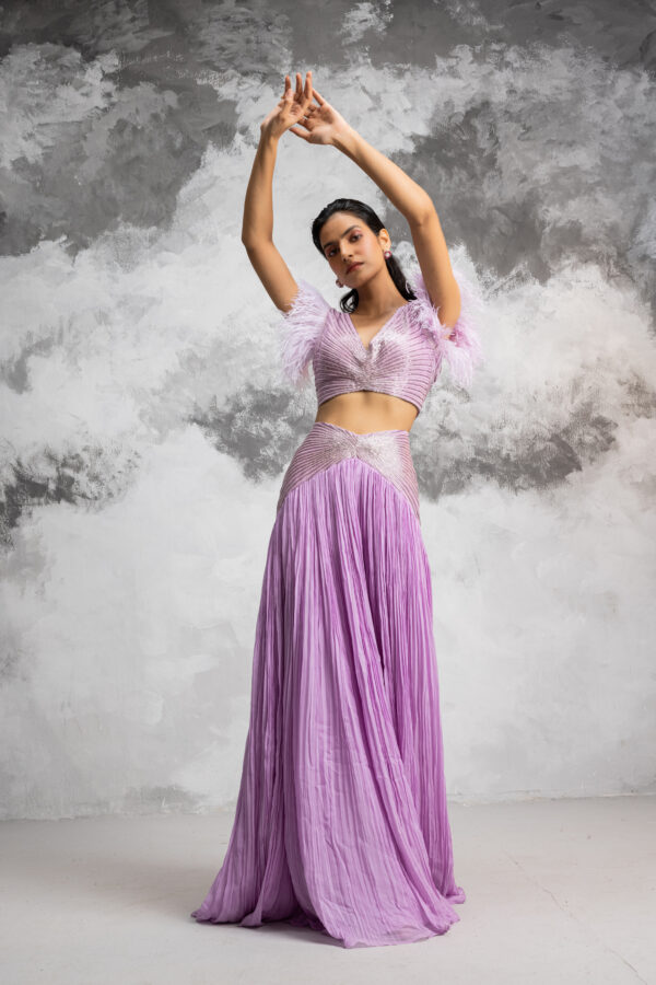 Couture By Niharika - LILAC GEOMETRIC BUGLE BEADS SKIRT BUSTIER SET WITH FINE GATHERS ON SKIRT AND FEATHERS ON BLOUSE