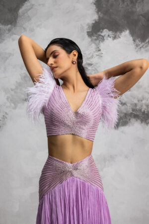 Couture By Niharika - LILAC GEOMETRIC BUGLE BEADS SKIRT BUSTIER SET WITH FINE GATHERS ON SKIRT AND FEATHERS ON BLOUSE - Image 2