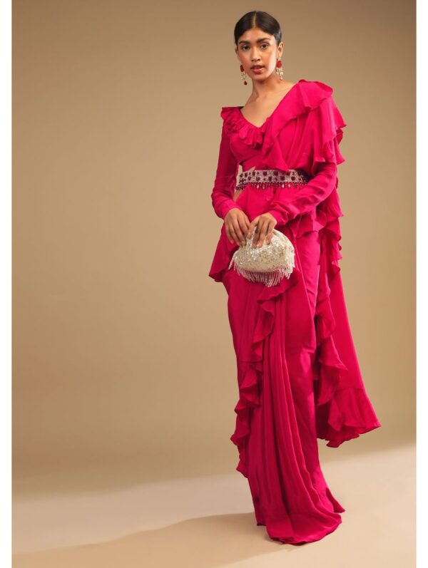 Kalki- Hot Pink Saree With Ruffle Pallu, Stone Embellished Belt And A Ruffle Blouse With Side Cut Outs