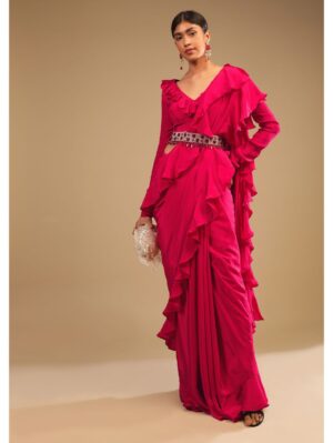 Kalki- Hot Pink Saree With Ruffle Pallu, Stone Embellished Belt And A Ruffle Blouse With Side Cut Outs - Image 2