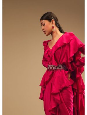 Kalki- Hot Pink Saree With Ruffle Pallu, Stone Embellished Belt And A Ruffle Blouse With Side Cut Outs - Image 3