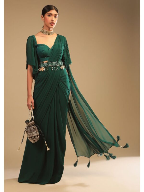 Kalki- Emerald Green Ready Pleated Saree In Georgette With Bell Sleeves Crop Top And Chunky Embroidered Belt