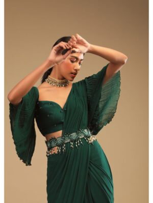 Kalki- Emerald Green Ready Pleated Saree In Georgette With Bell Sleeves Crop Top And Chunky Embroidered Belt - Image 5