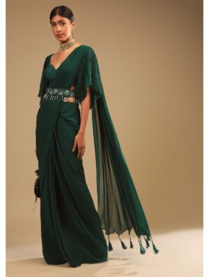 Kalki- Emerald Green Ready Pleated Saree In Georgette With Bell Sleeves Crop Top And Chunky Embroidered Belt - Image 6