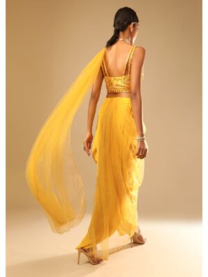 Kalki - Corn Yellow Dhoti And Crop Top Suit With Hand Embroidered Leaf Motifs And A Matching Dupatta - Image 2