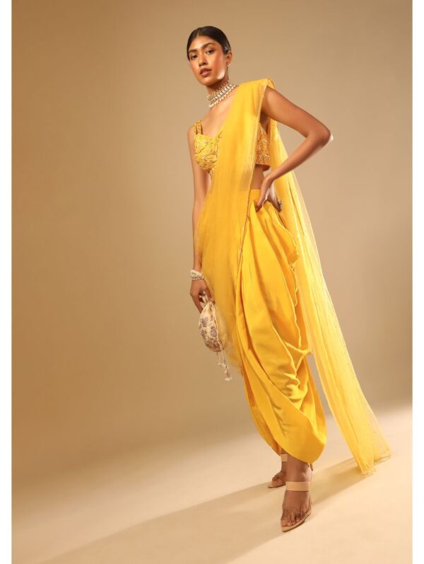 Kalki - Corn Yellow Dhoti And Crop Top Suit With Hand Embroidered Leaf Motifs And A Matching Dupatta