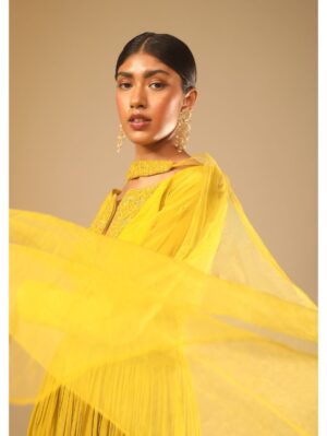 Kalki - Corn Yellow Dhoti And Crop Top Suit With Hand Embroidered Leaf Motifs And A Matching Dupatta - Image 4