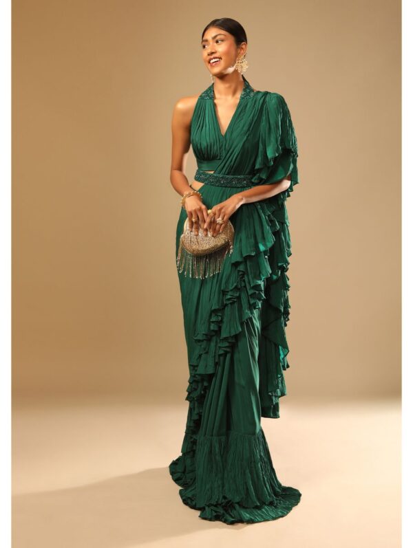 Kalki- Emerald Green Ready Pleated Ruffle Saree With A Halter Neck Blouse And 3D Embroidered Belt