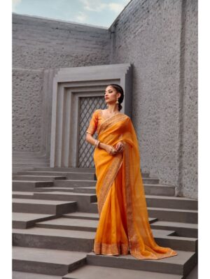 Jigar Mali - Tangerine orange saree set - Image 2