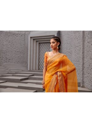 Jigar Mali - Tangerine orange saree set - Image 3