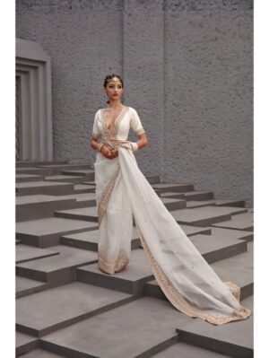 Jigar Mali - Pearl white & gold saree set - Image 2