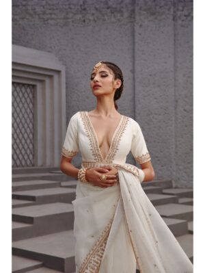 Jigar Mali - Pearl white & gold saree set - Image 3