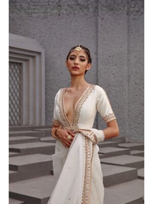 Jigar Mali - Pearl white & gold saree set - Image 4