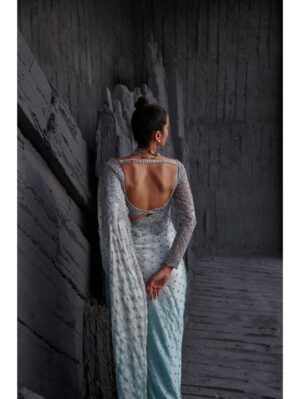 Jigar Mali - Ice blue ombre saree set - Image 4
