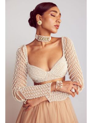 Vvani Vats - Beige pearl embellished lehenga paired with sweetheart neck pearl drop full sleeve blouse - Image 2