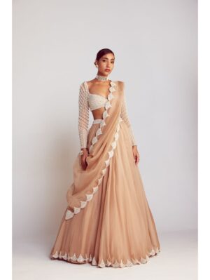Vvani Vats - Beige pearl embellished lehenga paired with sweetheart neck pearl drop full sleeve blouse - Image 3