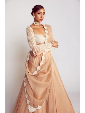 Vvani Vats - Beige pearl embellished lehenga paired with sweetheart neck pearl drop full sleeve blouse - Image 4