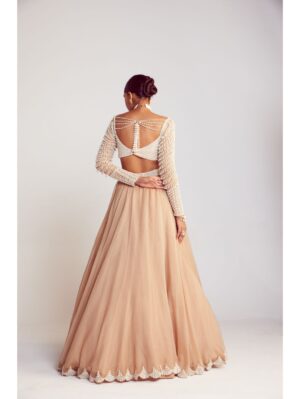 Vvani Vats - Beige pearl embellished lehenga paired with sweetheart neck pearl drop full sleeve blouse - Image 5