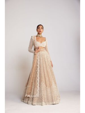 Vvani Vats - Beige chandelier pearl lehenga paired with full sleeve pearl drop blouse. - Image 3