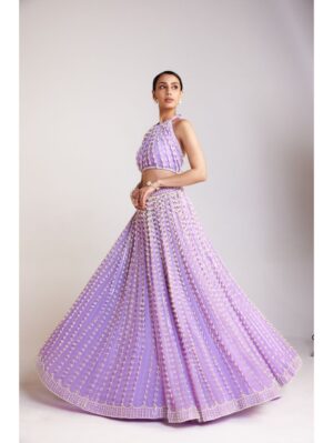 Vvani Vats - Lilac chandelier pearl skirt paired with halter neck pearl drop crop top skirt set - Image 3