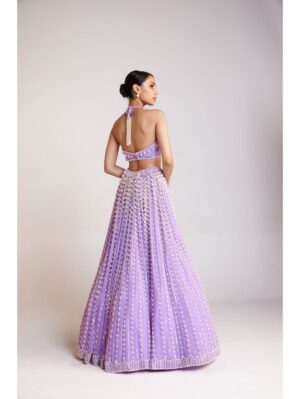 Vvani Vats - Lilac chandelier pearl skirt paired with halter neck pearl drop crop top skirt set - Image 4