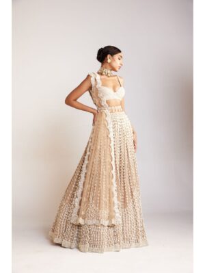 Vvani Vats - Beige chandelier pearl lehenga paired with sleeveless pearl drop sweetheart neck blouse - Image 4